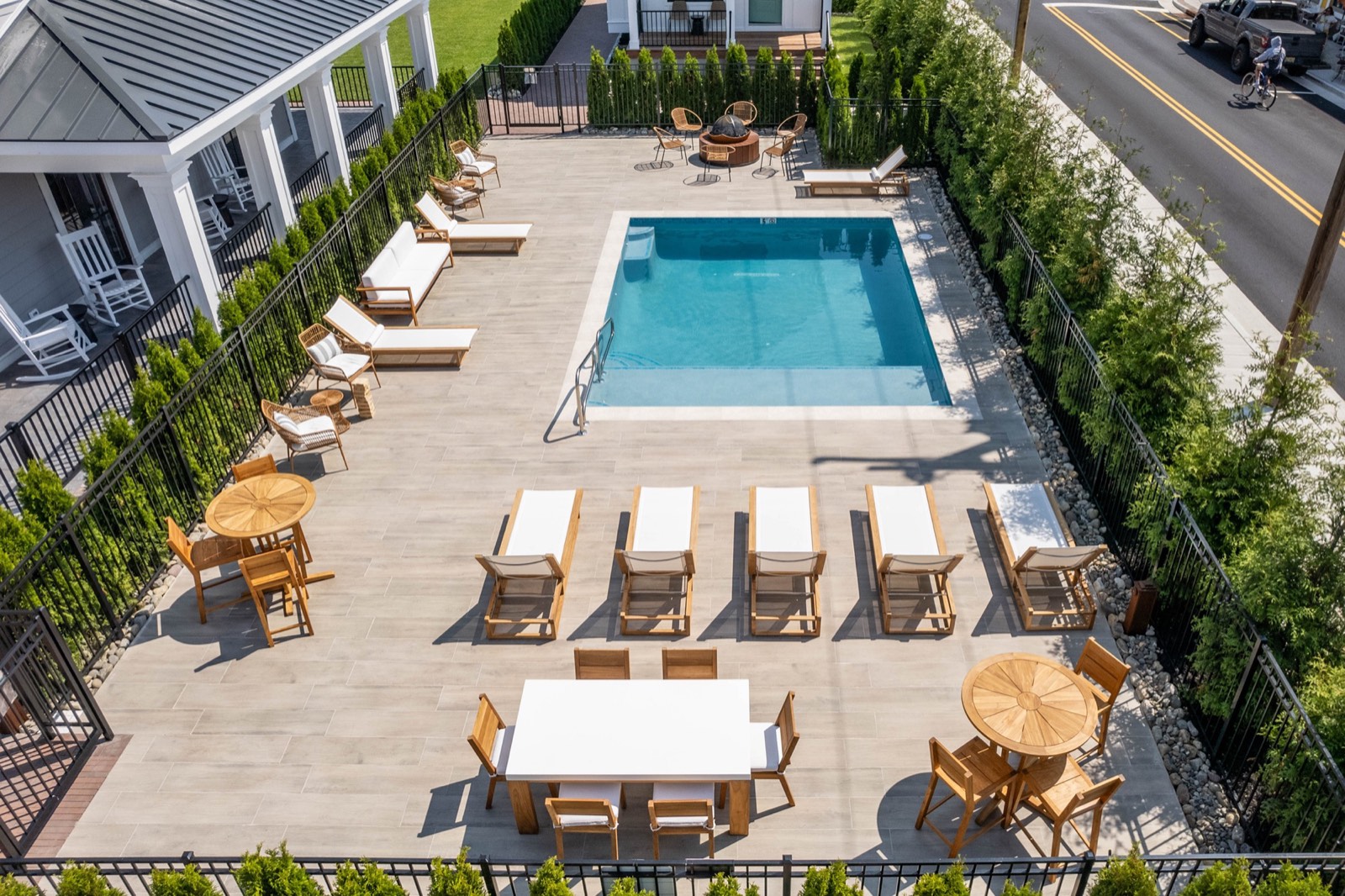 Aerial view of the pool and sun deck at The Hen Houses